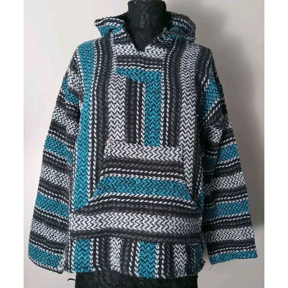 Baja Joe Woven‎ Jerga Blue/White Black Pullover Hoodie Sweatshirt Size S